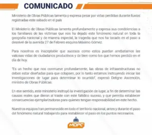 Comunicado oficial Ministerio de Obras Públicas