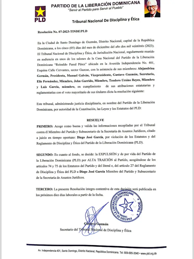 PLD Expulsa a Diego José García Colegio de Abogados