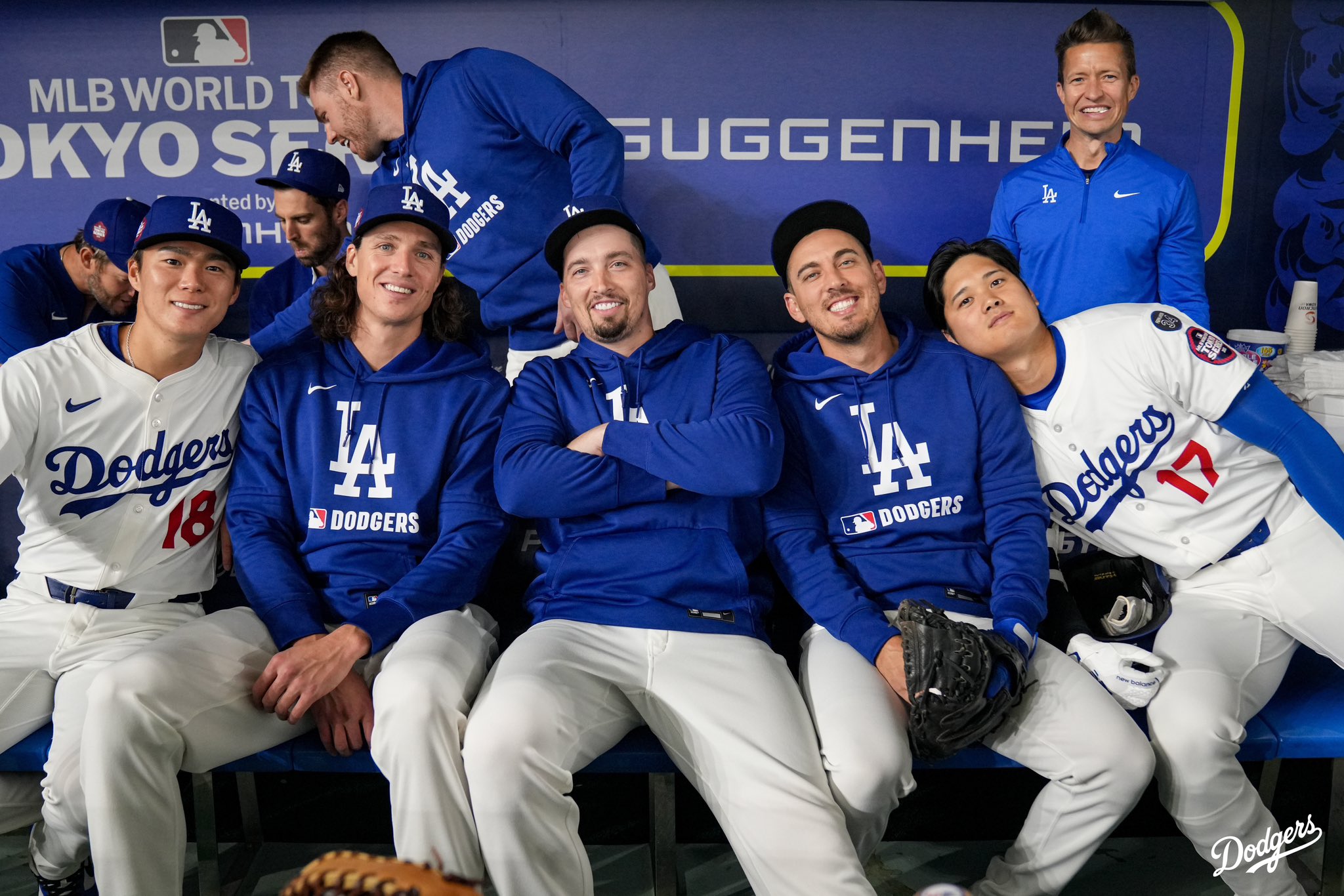 El staff de pitcheo abridor de los Dodgers de Los Ángeles. Ohtani, Sasaki, Yamamoto, Snell y Glasnow.