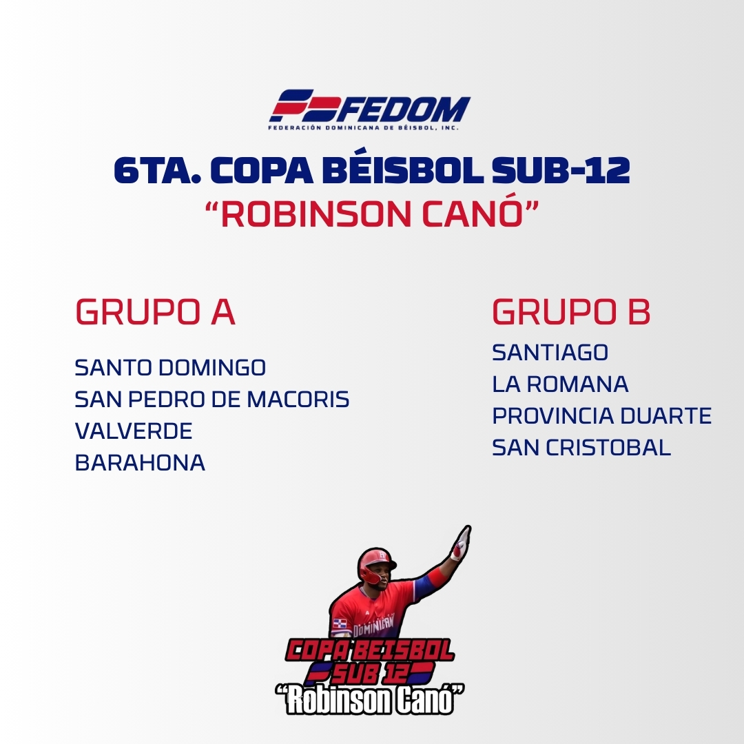  Finalizadas las eliminatorias regionales en la categoría 11 y 12 años en todo el país, la Federación Dominicana de Béisbol Inc. (Fedom) anunció los ocho conjuntos que desde el 8 y hasta el 11 de mayo de 2025 estarán viendo acción por la supremacía del sexto Campeonato Nacional U12 “Copa Robinson Canó”