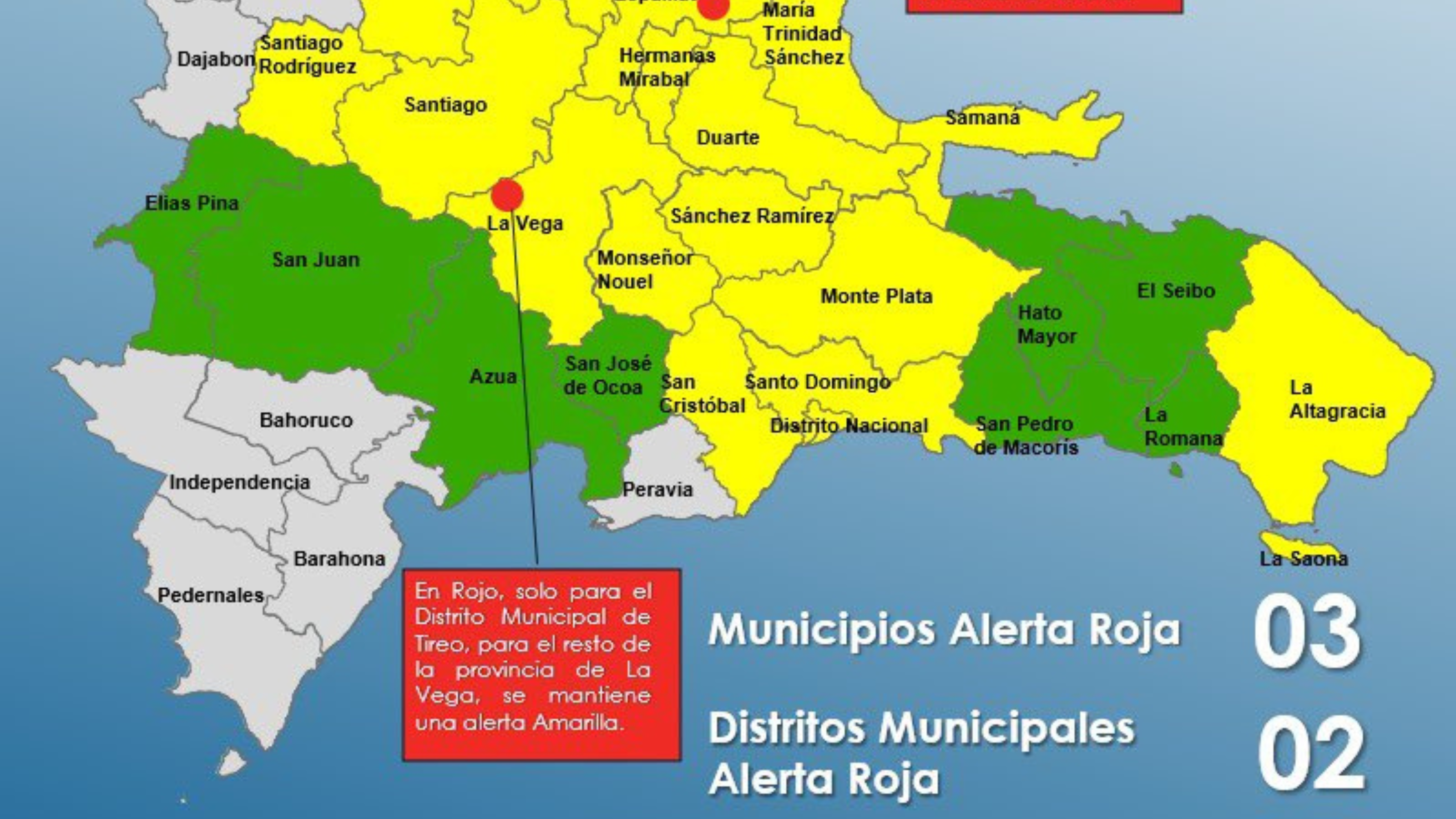 El Centro de Operaciones de Emergencias (COE) mantiene este domingo cinco territorios alerta roja, aumenta 16 provincias y al Distrito Nacional en amarilla y 8 en verde, ante las fuertes lluvias que afectan a la República Dominicana desde hace varios días.