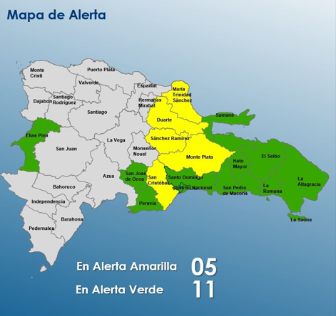 El Centro de Operaciones de Emergencias (COE), incrementó a 16 los territorios bajo alerta a causa de la vaguada que incide sobre el país, ante posibles crecidas de ríos, arroyos y cañadas, así como inundaciones repentinas o urbanas.