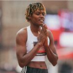 Marileidy Paulino luego de la carrera en Filadelfia, última fecha del Grand Slam Track.