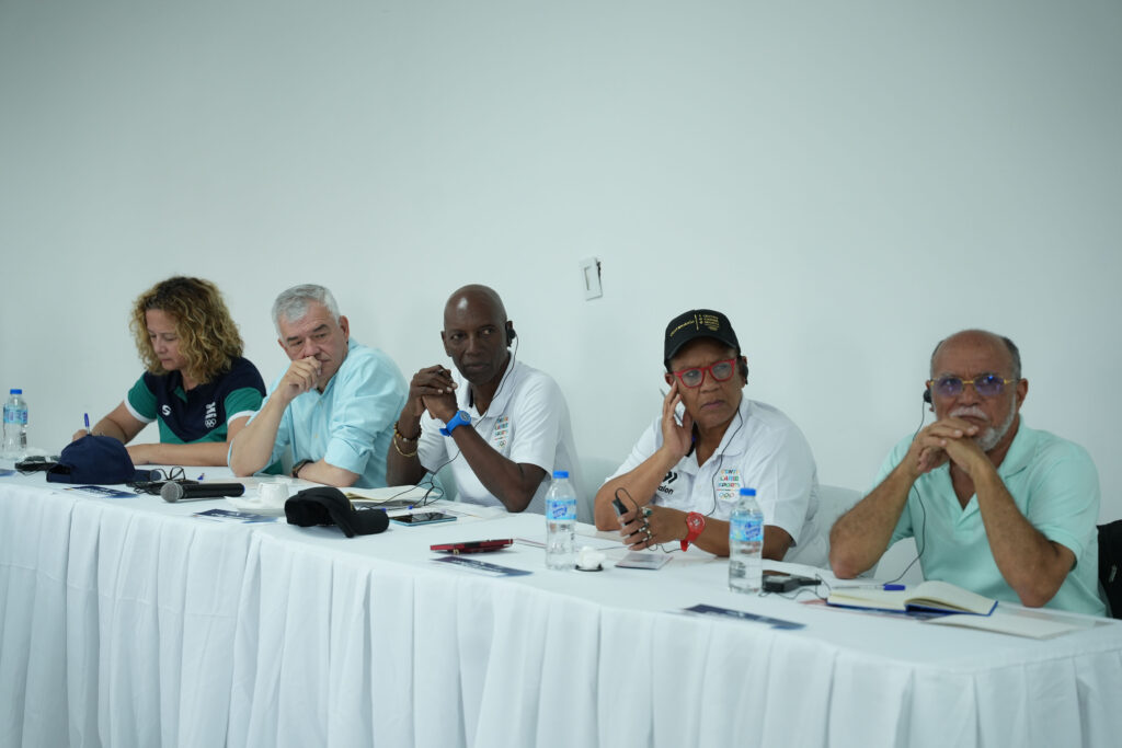 Parte de los ejecutivos de Centro Caribe Sports durante la presentación de los avances de los Juegos Santo Domingo 2026, que hizo este viernes el Comité Organizador