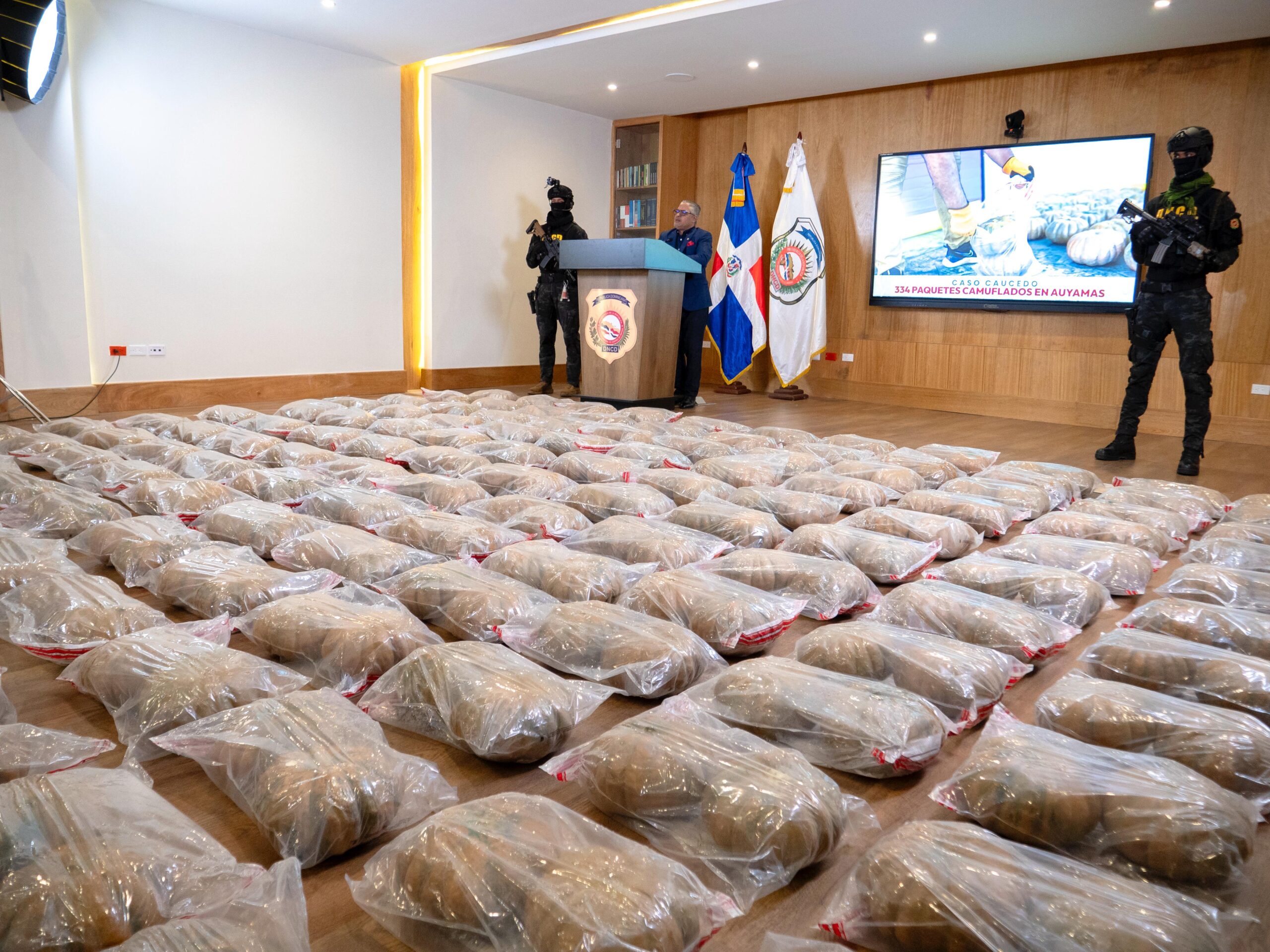 Autoridades ocupan 334 paquetes presumiblemente cocaína camuflados en auyamas de plástico