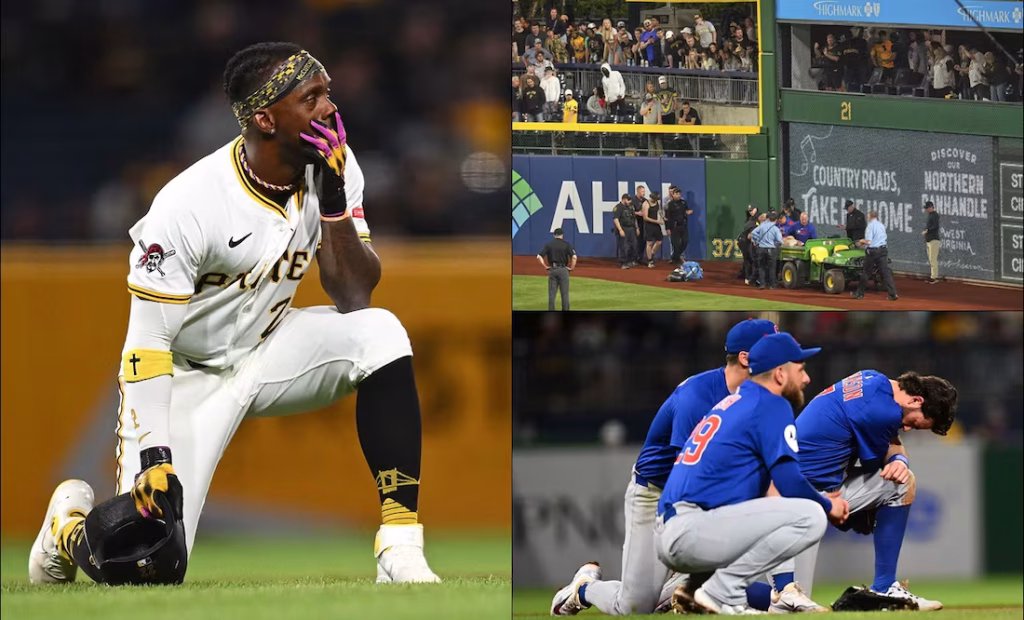 Un aficionado que se cayó del Muro Clemente de 6,4 metros en el PNC Park es atendido por el personal de entrenamiento de los Piratas y los Cachorros, así como por personal de PNC. Foto AP/Gene J. Puskar