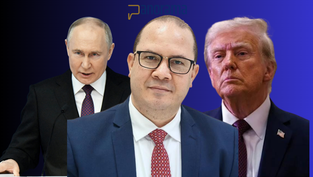 El politólogo y profesor de Ciencias Políticas de la Universidad Autónoma de Santo Domingo (UASD), Juan González, al centro y los presidentes ruso, Vladímir Putin y estadounidense Donald Trump