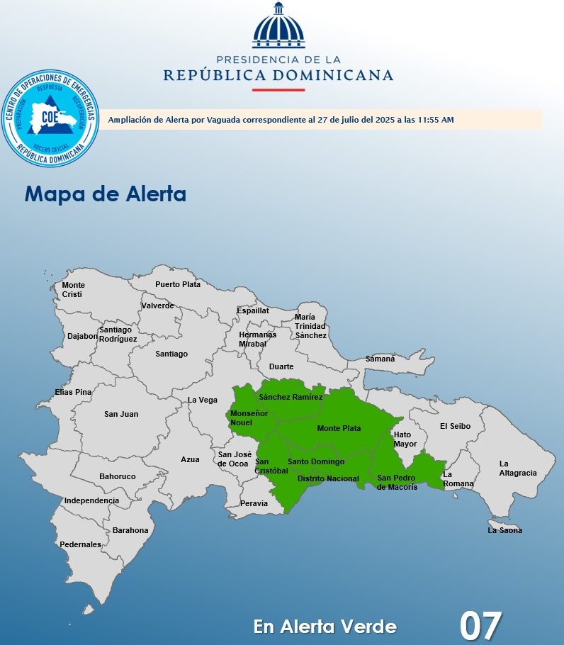 El Centro de Operaciones de Emergencias (COE) emitió alerta verde este domingo para siete provincias del país, debido a los efectos combinados de una onda tropical al sur del territorio nacional y una vaguada.