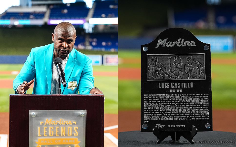 Luis Castillo y su placa que lo acredita como inmortal de los Marlins de Miami.