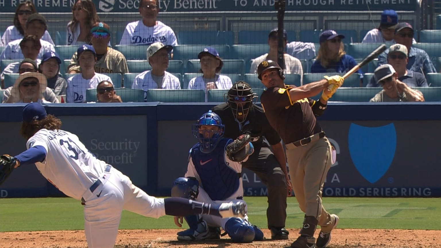 Ramón Laureano, de San Diego, frente a Tyler Glasnow de los Dodgers.