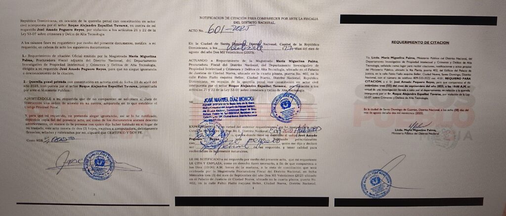 El dipositivo de la querella procesal penal interpuesta en contra del periodista José Peguero por el político y empresario, Roque Espaillat, El Cobrador. (Fuente: Somos Pueblo).