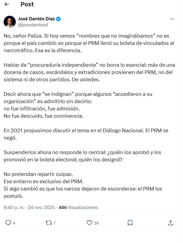 José Dantés acusa al PRM de admitir vinculados al narcotráfico