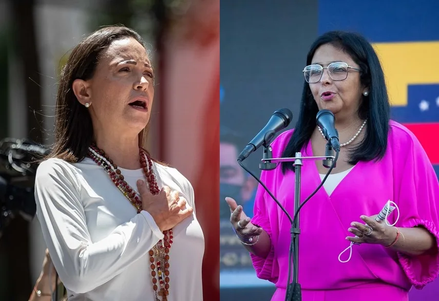 Combo de fotografías de archivo de la líder opositora venezolana María Corina Machada (i) y de la vicepresidenta ejecutiva de Venezuela, Delcy Rodríguez (d). EFE/Ronald Peña/Rayner Peña