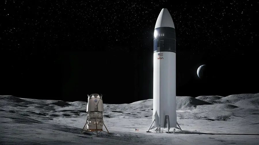 Fotografía cedida por la NASA que muestra una ilustración del módulo de aterrizaje Blue Moon de Blue Origin (i) y el módulo de aterrizaje Starship de SpaceX (d) en la superficie lunar. EFE
