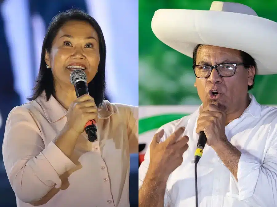 Combo de fotografías de archivo de los candidatos Keiko Fujimori (i) y Roberto Sánchez (d), quienes se disputarán en segunda vuelta la presidencia de Perú. EFE/ Paolo Aguilar/ Renato Pajuelo.