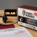 Una radio antigua Stereo Romance, auriculares y una luz de 'ON AIR' apagada yacen junto a un documento de Telcor con un sello de 'cancelado', simbolizando un cierre institucional en Nicaragua. (Imagen Ilustrativa Infobae).