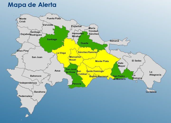 COE mantiene 7 provincias en alerta amarilla y 5 en verde