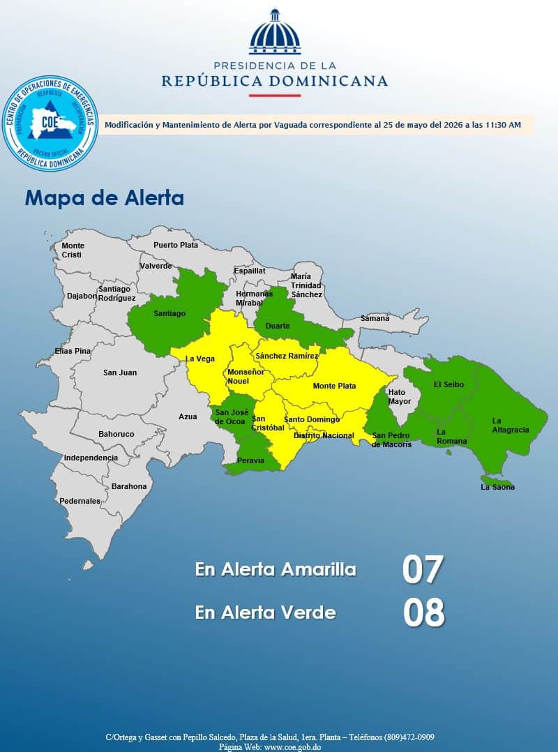 COE mantiene 7 provincias en alerta amarilla y 8 en verde por lluvias