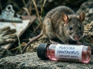 Rata junto a frasco con muestra de hantavirus en entorno natural.