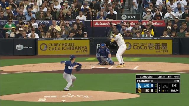 Miguel Andújar de los Padres frente a Yamamoto de los Dodgers en el primer episodio este lunes.