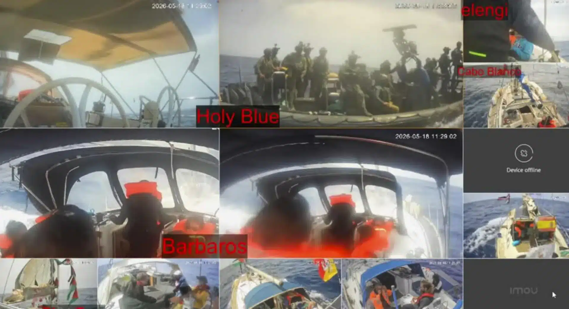 Captura de pantalla de una retransmisión en directo realizada por los barcos de la Flotilla Global Sumud, en ruta hacia la Franja de Gaza, en la que se ve a personal militar abordando uno de los buques el 18 de mayo de 2026