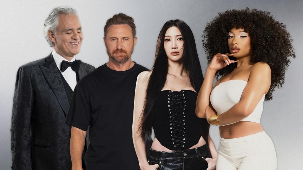 tenor italiano Andrea Bocelli, el DJ y productor francés David Guetta, la rapera, cantautora y actriz estadounidense Megan Thee Stallion