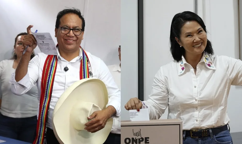 Combo de fotografías de archivo de los candidatos a la Presidencia de Perú Roberto Sánchez (i) y Keiko Fujimori (d), al acudir a votar, este 7 de junio de 2026, en la segunda vuelta de las elecciones. EFE/Paolo Aguilar/John Reyes.