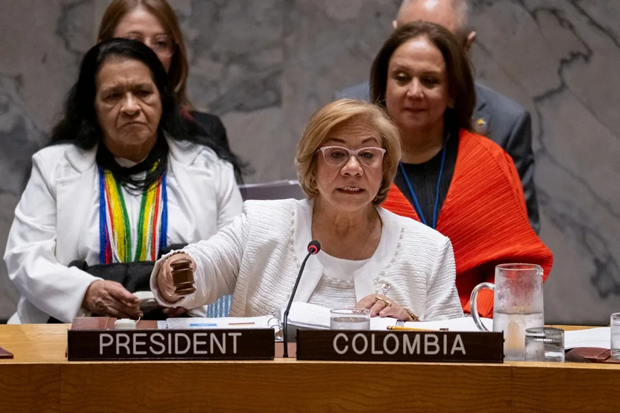 Canciller de Colombia, Rosa Yolanda Villavicencio Mapy, en una reunión del Consejo de Seguridad sobre el tema 'La paz se decide con las mujeres: salir del conflicto mediante el fortalecimiento de su participación' este miércoles, en Nueva York (Estados Unidos).