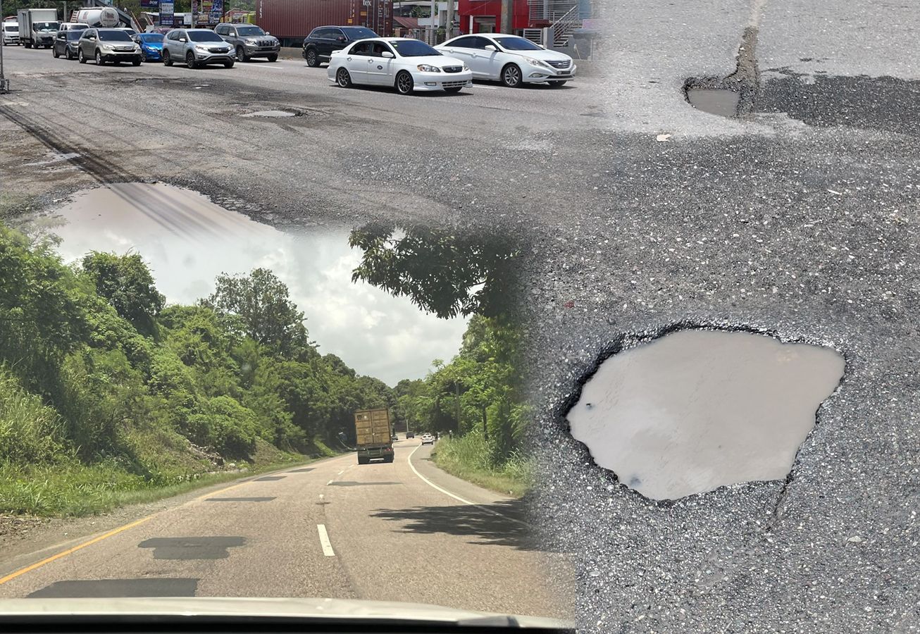 Hoyos y baches en la Autopista Duarte.