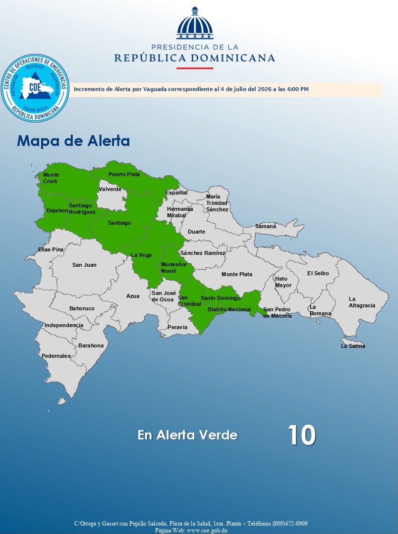 COE eleva a 10 las provincias y el Distrito Nacional en alerta verde
