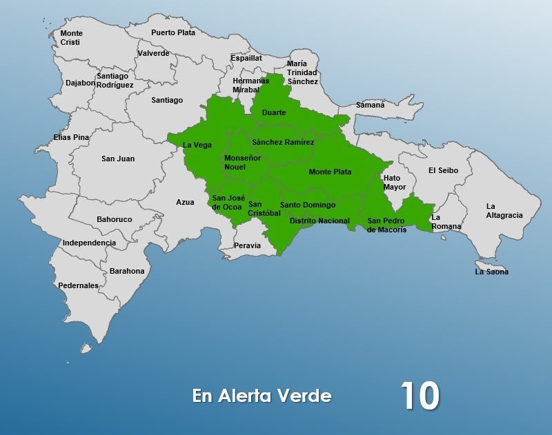 (COE) mantuvo y amplió este miércoles el nivel de alerta verde para 10 provincias y el Distrito Nacional, debido a la incidencia de una vaguada
